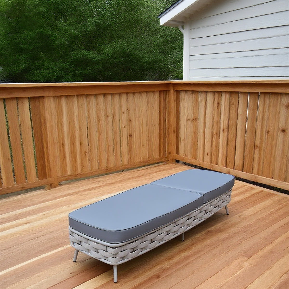 TYSF2518 Light White Rattan Adjustable Outdoor Sun Lounger with Light Grey Cushion – Vancouver Island Coastal Terrace Luxury Minimalist Outdoor Reclining Sunbed