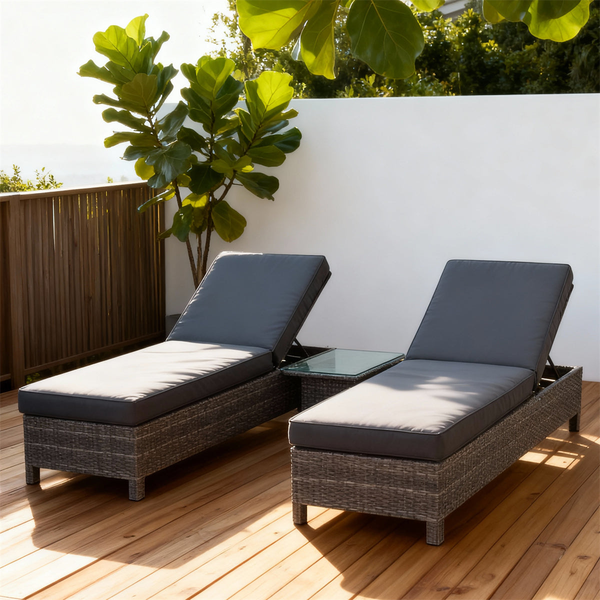 TYSF2519 Grey Rattan 2-Piece Outdoor Sun Lounger Set with Glass Side Table & Dark Grey Two-Tone Cushions – Cape Town Table Mountain Coastal Terrace Luxury 2-Piece Outdoor Reclining Sunbed Set