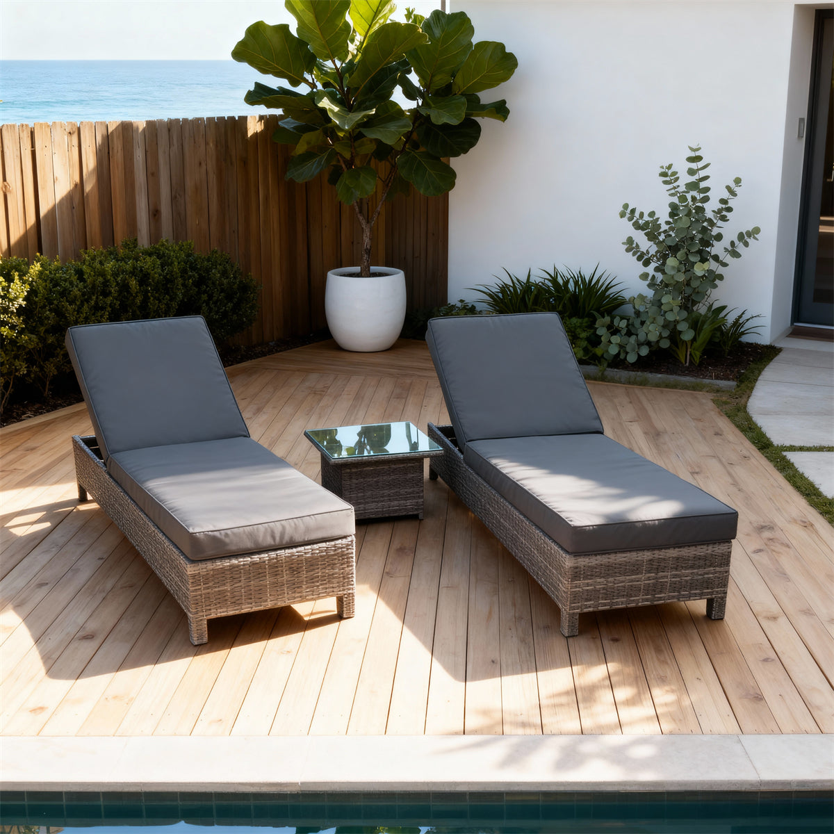TYSF2519 Grey Rattan 2-Piece Outdoor Sun Lounger Set with Glass Side Table & Dark Grey Two-Tone Cushions – Cape Town Table Mountain Coastal Terrace Luxury 2-Piece Outdoor Reclining Sunbed Set