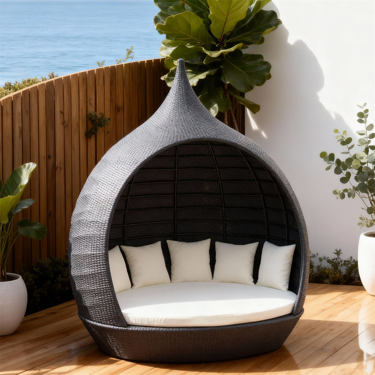 TYSF2520 Grey Rattan Teardrop Enclosed Outdoor Lounge Chair with Cream Cushions – Ubud Bali Coastal Terrace Luxury Private Outdoor Pod Chair