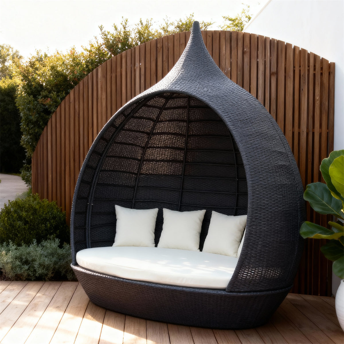 TYSF2520 Grey Rattan Teardrop Enclosed Outdoor Lounge Chair with Cream Cushions – Ubud Bali Coastal Terrace Luxury Private Outdoor Pod Chair