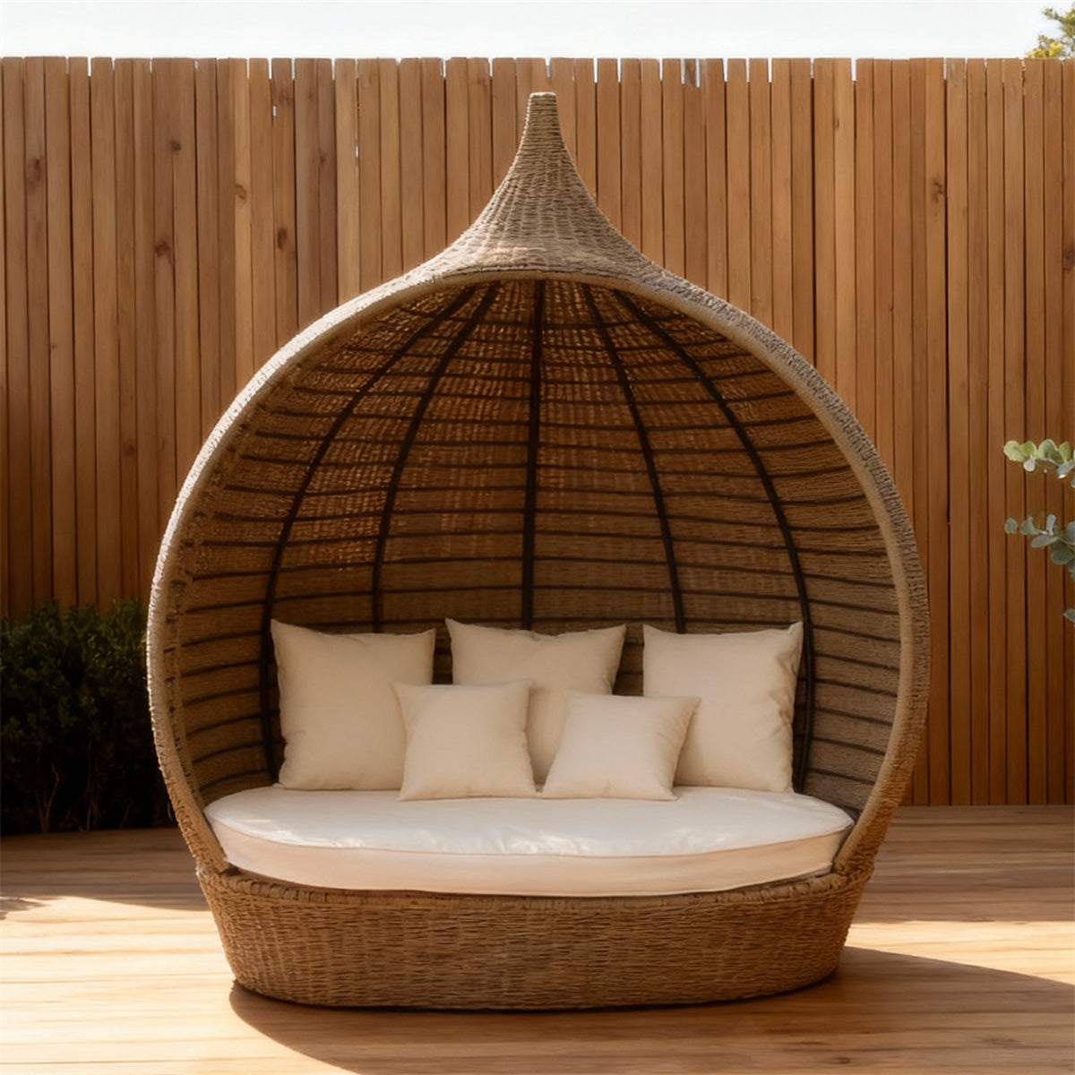 TYSF2520 Grey Rattan Teardrop Enclosed Outdoor Lounge Chair with Cream Cushions – Ubud Bali Coastal Terrace Luxury Private Outdoor Pod Chair