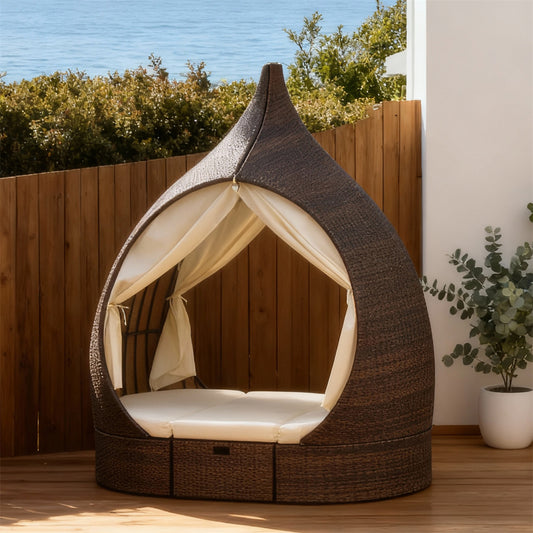 TYSF2521 Dark Brown Rattan Teardrop Outdoor Daybed with Sheer Curtains, Storage & Cream Cushions – Praslin Seychelles Coastal Terrace Luxury Private Outdoor Canopy Daybed