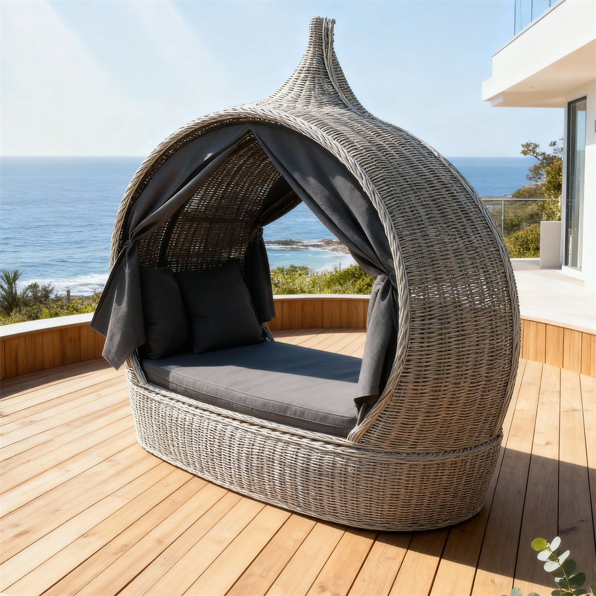TYSF2522 Light Grey Rattan Teardrop Outdoor Daybed with Curtains & Dark Grey Cushions – Queenstown New Zealand Coastal Terrace Luxury Private Outdoor Canopy Daybed