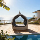 TYSF2522 Light Grey Rattan Teardrop Outdoor Daybed with Curtains & Dark Grey Cushions – Queenstown New Zealand Coastal Terrace Luxury Private Outdoor Canopy Daybed