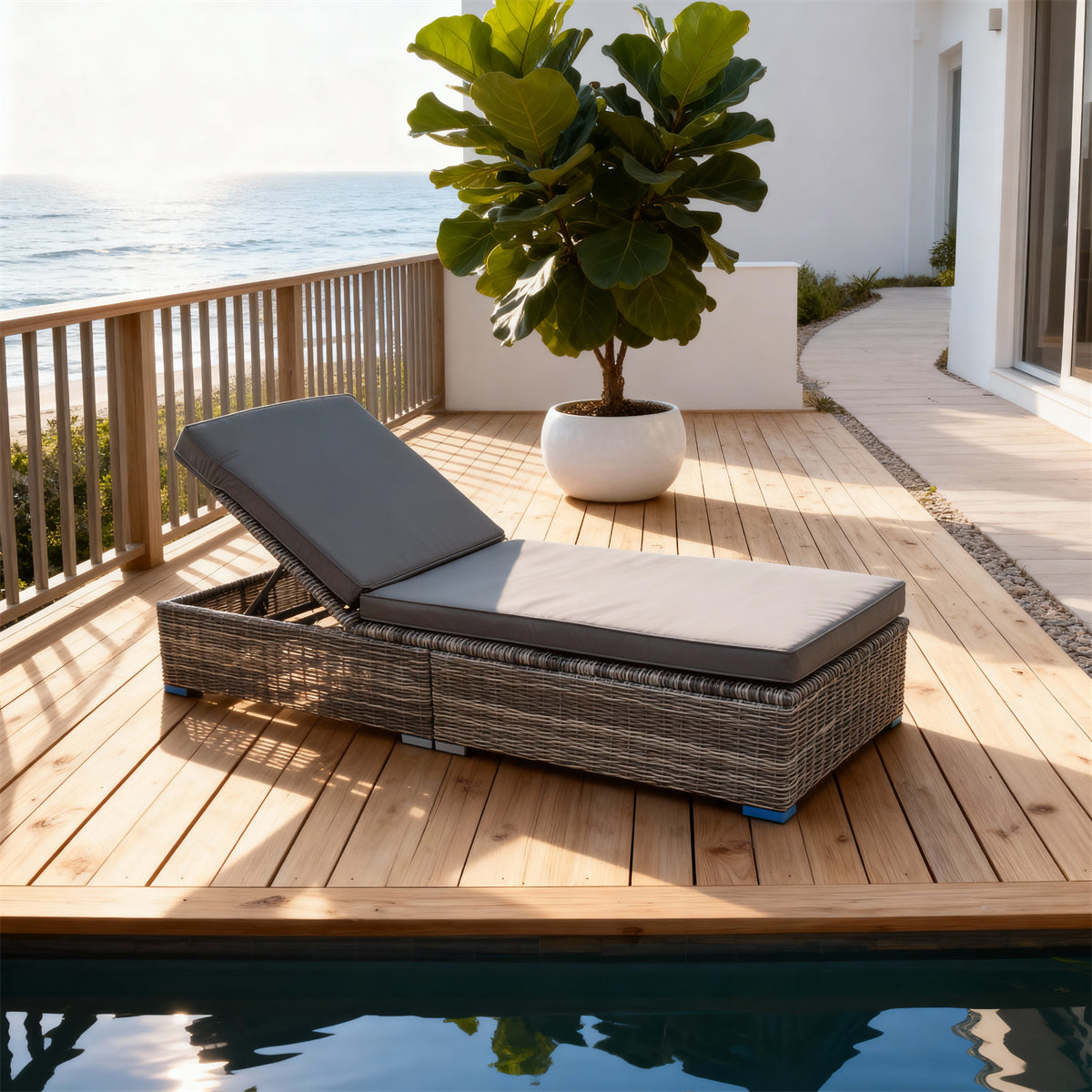 TYSF2523 Grey Rattan Adjustable Outdoor Sun Lounger with Storage & Dark Grey Two-Tone Cushions – Bondi Beach Sydney Coastal Pool Terrace Luxury Outdoor Reclining Sunbed