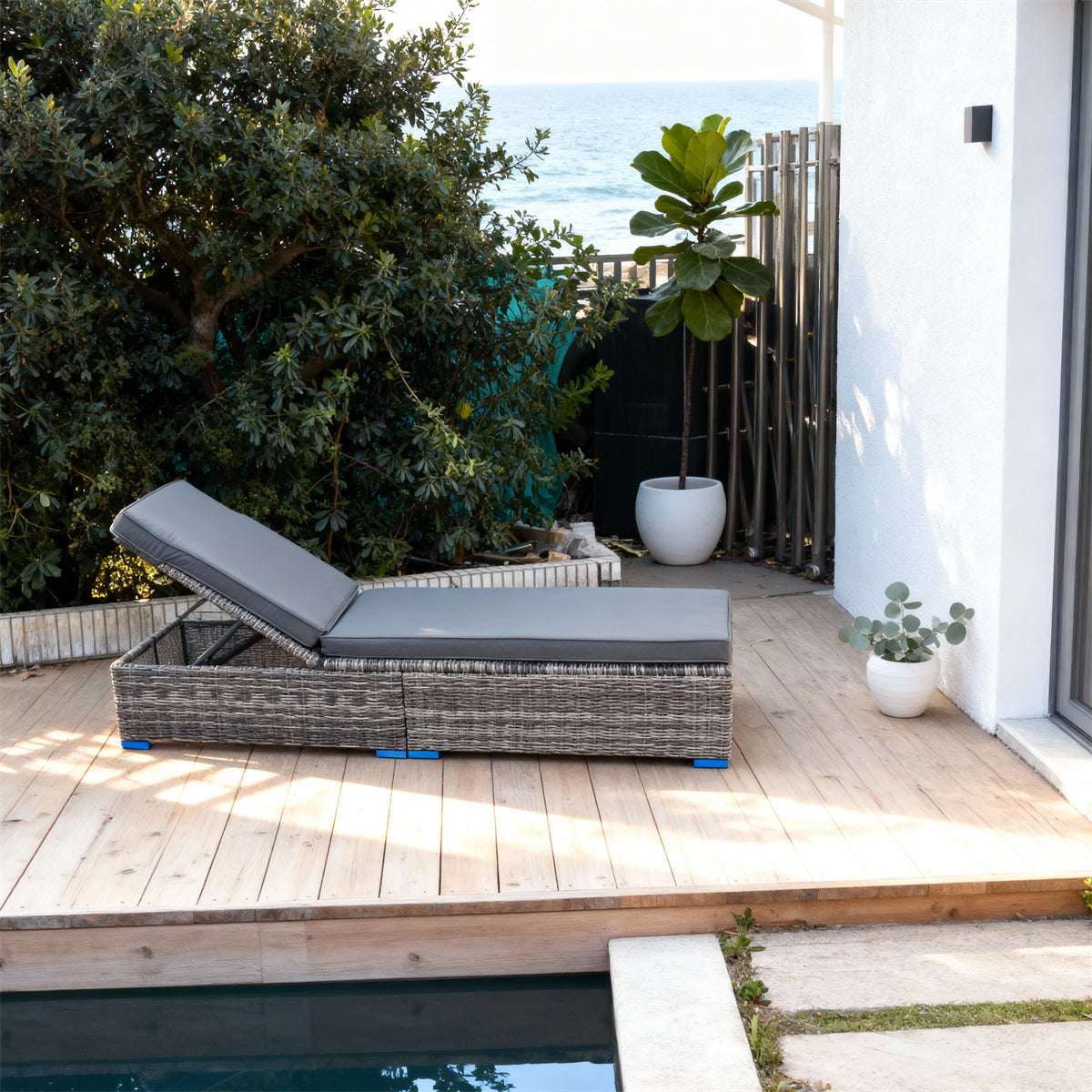 TYSF2523 Grey Rattan Adjustable Outdoor Sun Lounger with Storage & Dark Grey Two-Tone Cushions – Bondi Beach Sydney Coastal Pool Terrace Luxury Outdoor Reclining Sunbed