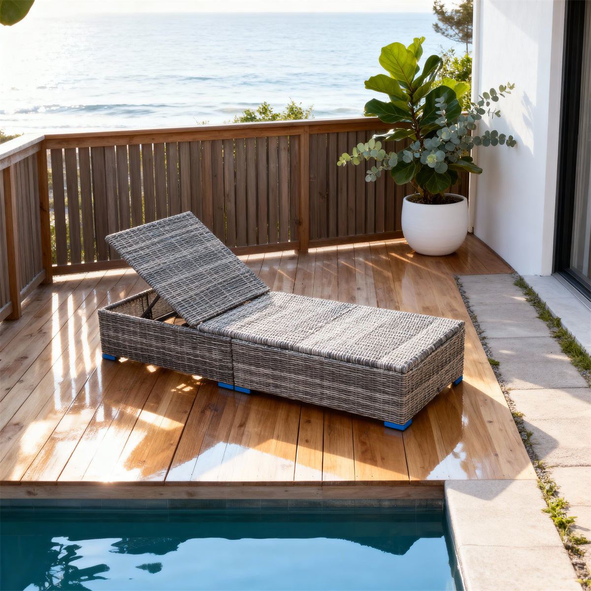 TYSF2523 Grey Rattan Adjustable Outdoor Sun Lounger with Storage & Dark Grey Two-Tone Cushions – Bondi Beach Sydney Coastal Pool Terrace Luxury Outdoor Reclining Sunbed