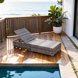 TYSF2523 Grey Rattan Adjustable Outdoor Sun Lounger with Storage & Dark Grey Two-Tone Cushions – Bondi Beach Sydney Coastal Pool Terrace Luxury Outdoor Reclining Sunbed