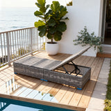 TYSF2523 Grey Rattan Adjustable Outdoor Sun Lounger with Storage & Dark Grey Two-Tone Cushions – Bondi Beach Sydney Coastal Pool Terrace Luxury Outdoor Reclining Sunbed