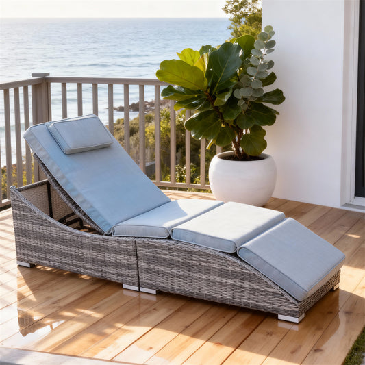 TYSF2524 Grey Rattan Sectional Adjustable Outdoor Sun Lounger with Light Blue Cushions – Algarve Portugal Coastal Terrace Luxury Outdoor Reclining Sunbed