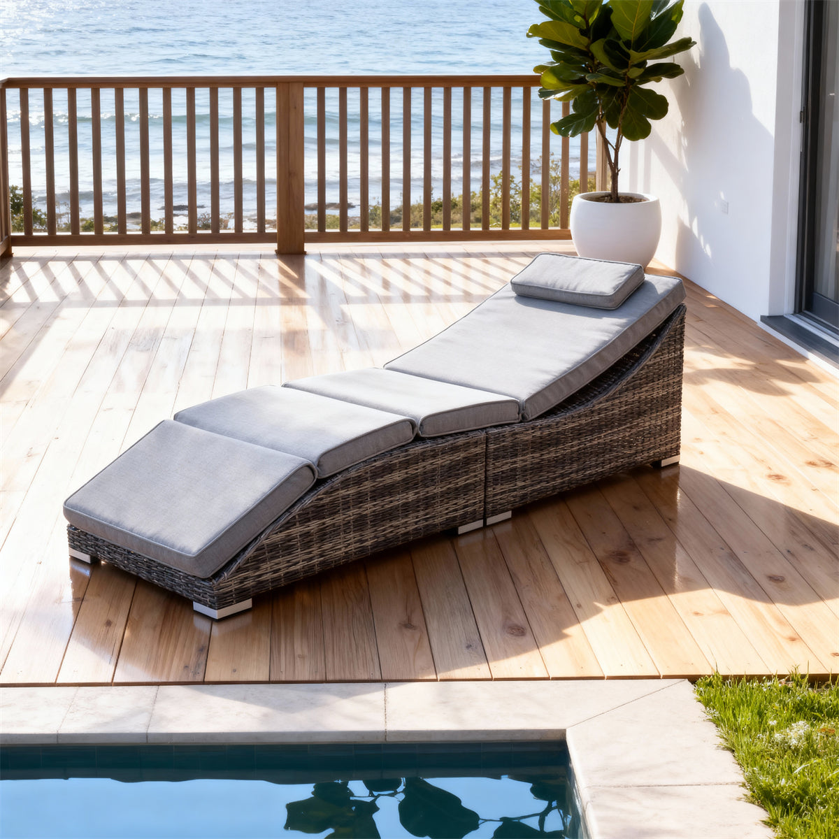 TYSF2524 Grey Rattan Sectional Adjustable Outdoor Sun Lounger with Light Blue Cushions – Algarve Portugal Coastal Terrace Luxury Outdoor Reclining Sunbed