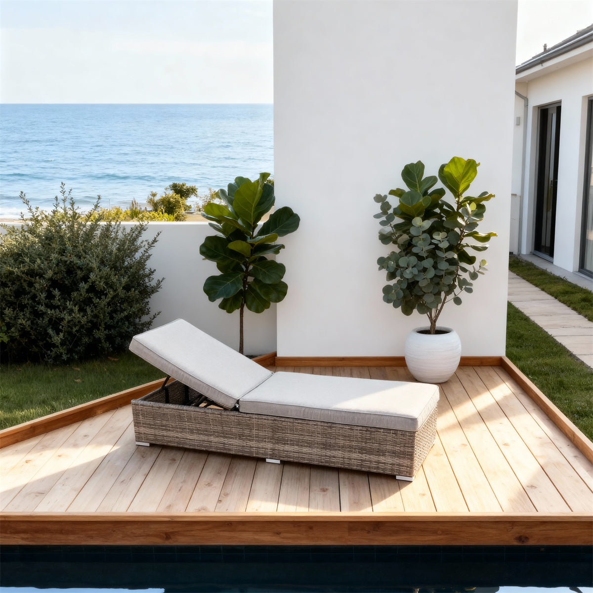 TYSF2525 Black Rattan Adjustable Outdoor Sun Lounger with Bold Red Cushion – Ibiza Spain Coastal Pool Terrace Luxury Contrast-Color Outdoor Reclining Sunbed