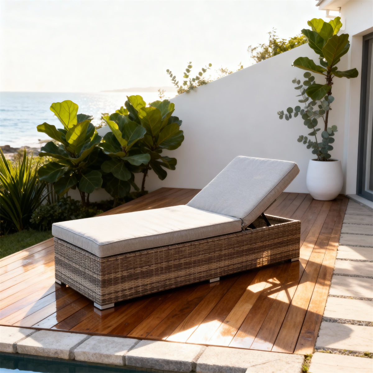 TYSF2525 Black Rattan Adjustable Outdoor Sun Lounger with Bold Red Cushion – Ibiza Spain Coastal Pool Terrace Luxury Contrast-Color Outdoor Reclining Sunbed