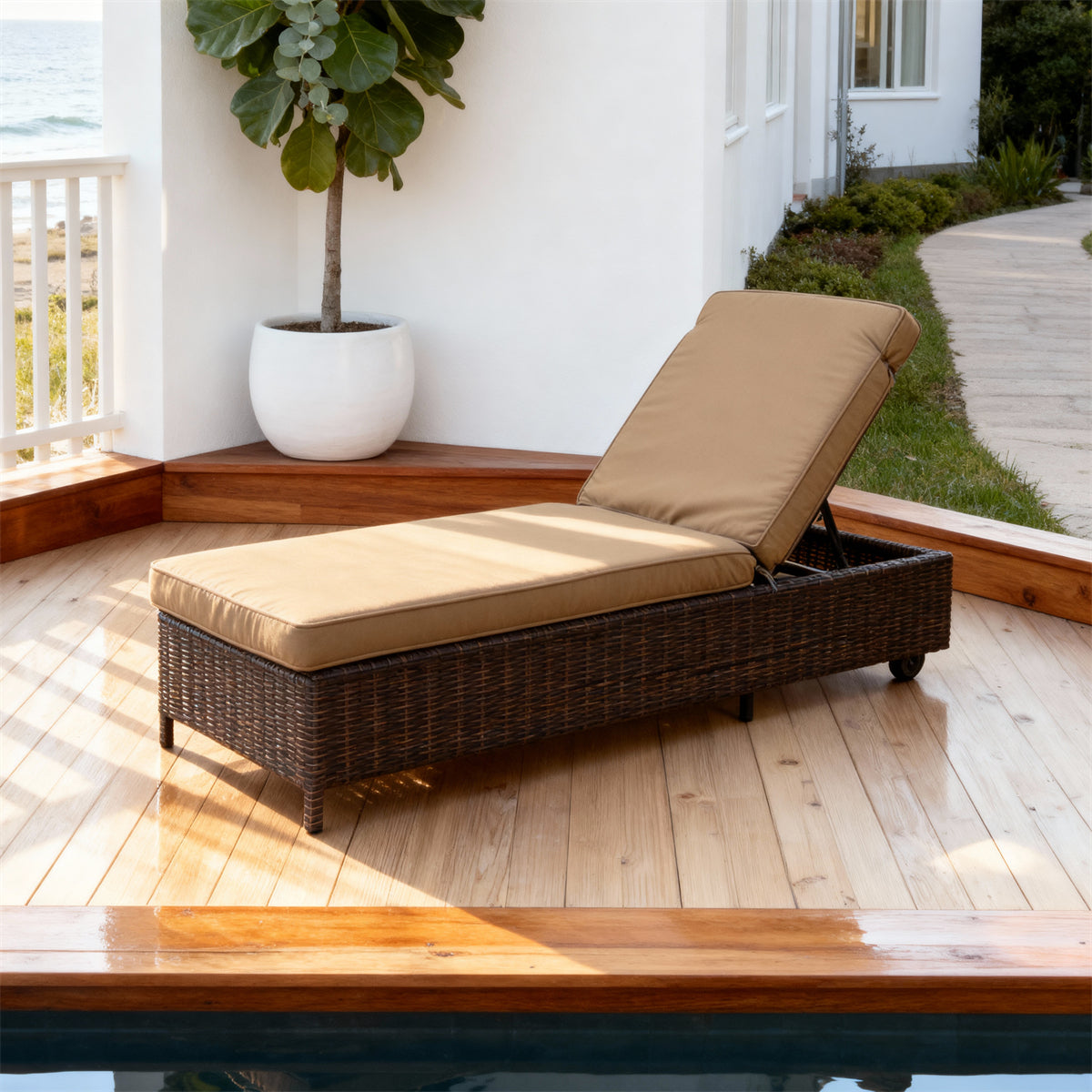 TYSF2525 Black Rattan Adjustable Outdoor Sun Lounger with Bold Red Cushion – Ibiza Spain Coastal Pool Terrace Luxury Contrast-Color Outdoor Reclining Sunbed