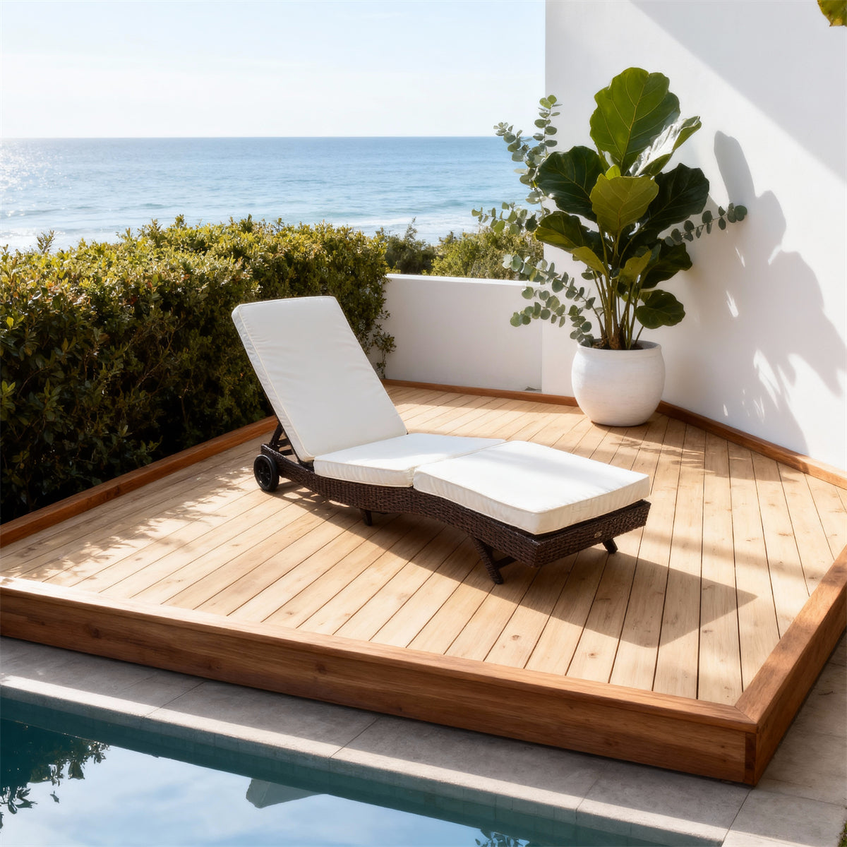 TYSF2526 Dark Brown Rattan Wheeled Sectional Outdoor Sun Lounger with Cream Cushions – Amalfi Coast Italy Coastal Terrace Luxury Mobile Outdoor Reclining Sunbed