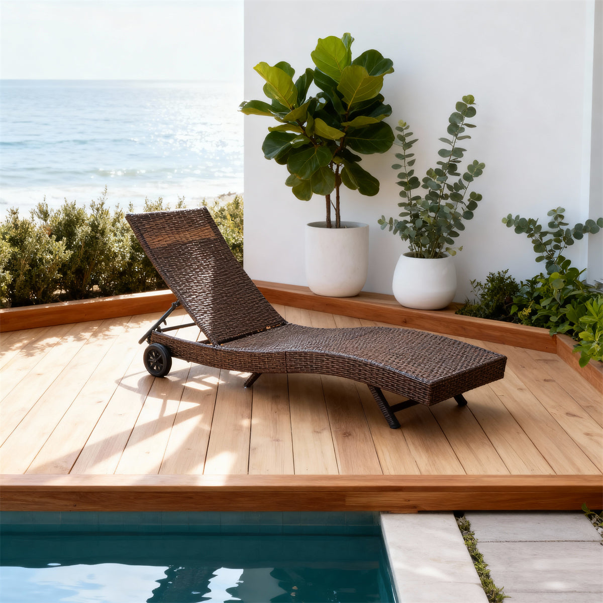 TYSF2526 Dark Brown Rattan Wheeled Sectional Outdoor Sun Lounger with Cream Cushions – Amalfi Coast Italy Coastal Terrace Luxury Mobile Outdoor Reclining Sunbed