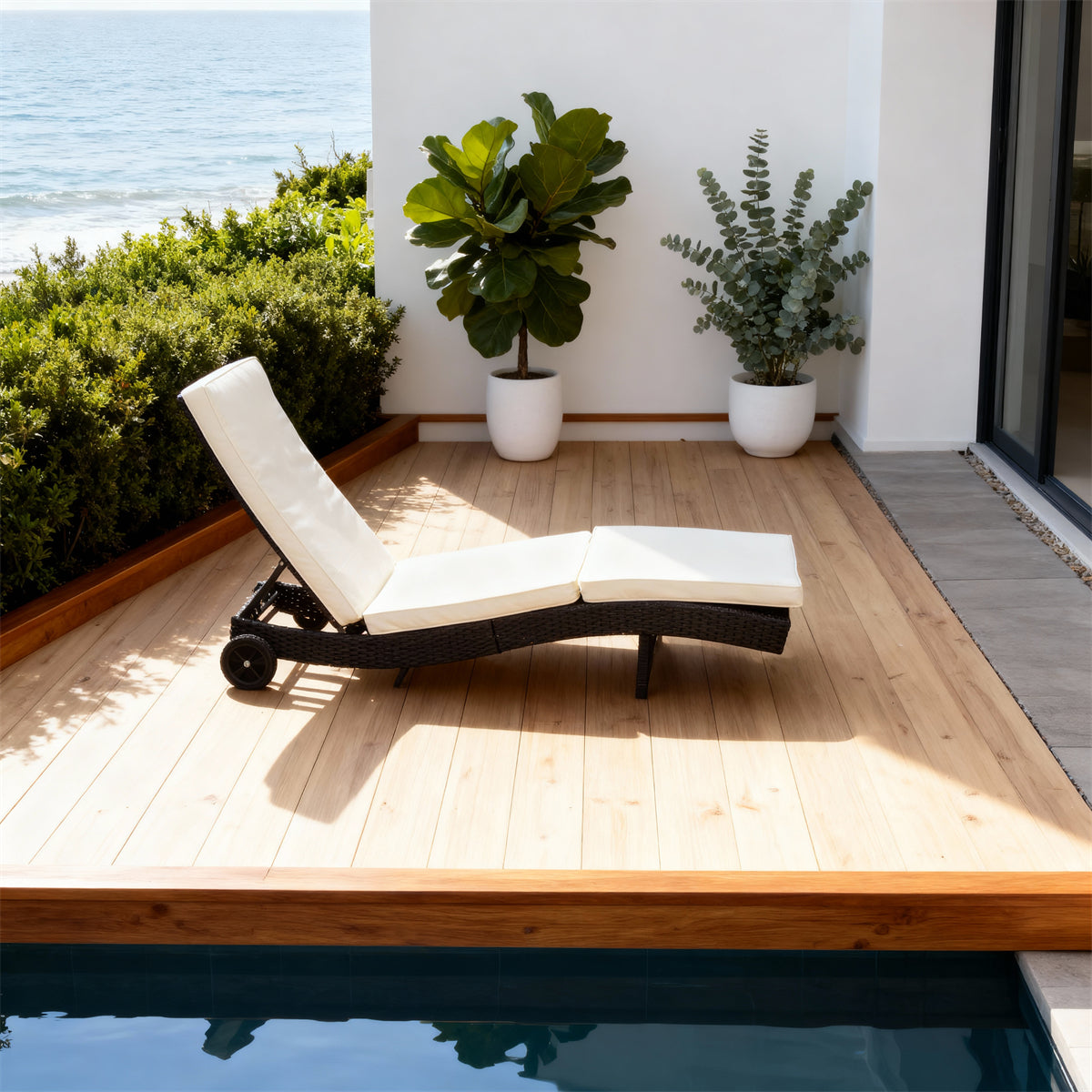 TYSF2526 Dark Brown Rattan Wheeled Sectional Outdoor Sun Lounger with Cream Cushions – Amalfi Coast Italy Coastal Terrace Luxury Mobile Outdoor Reclining Sunbed