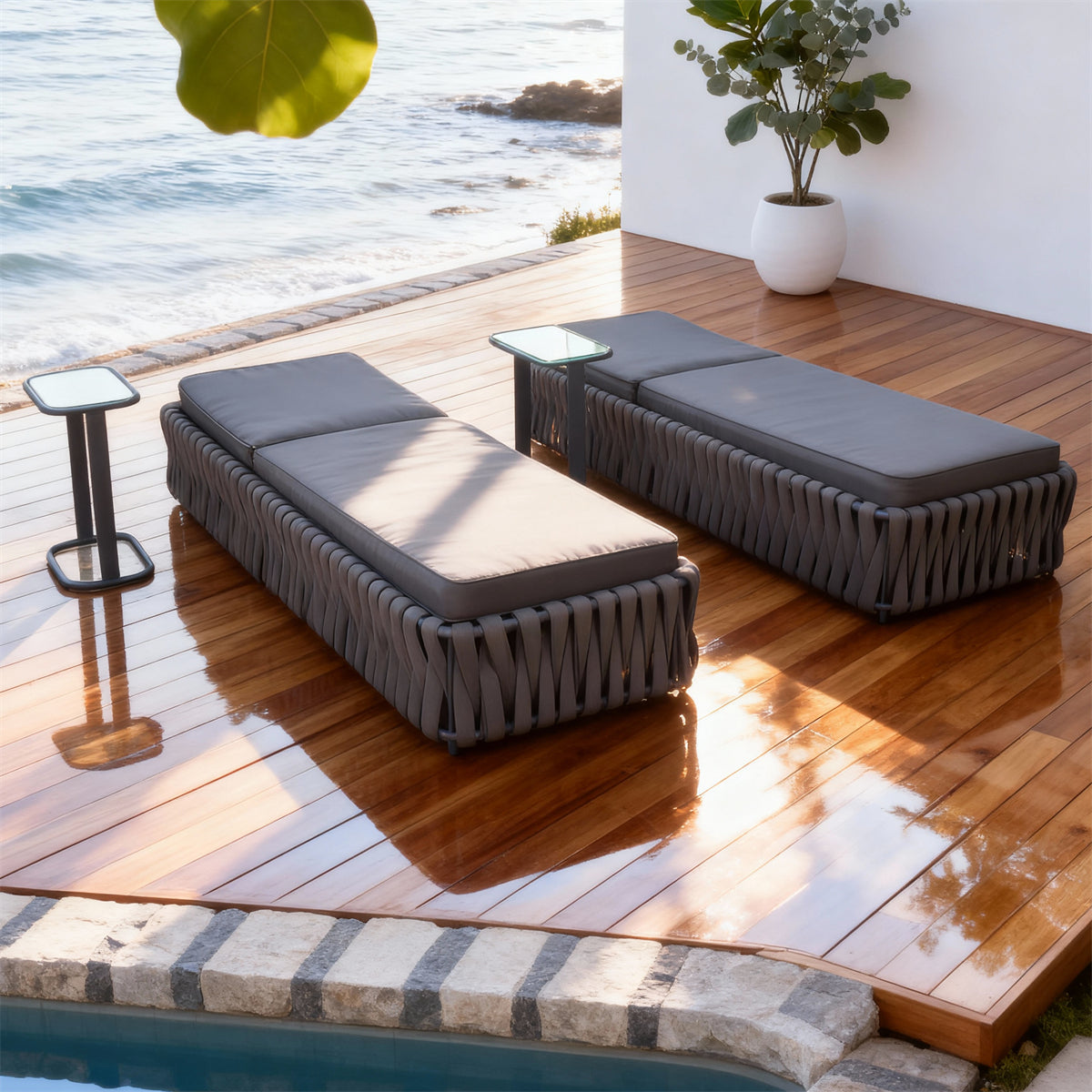TYSF2527 Grey Rope-Woven 2-Piece Outdoor Sun Lounger Set with Glass Side Tables & Dark Grey Two-Tone Cushions – Oahu Hawaii Coastal Terrace Luxury 2-Piece Outdoor Reclining Sunbed Set