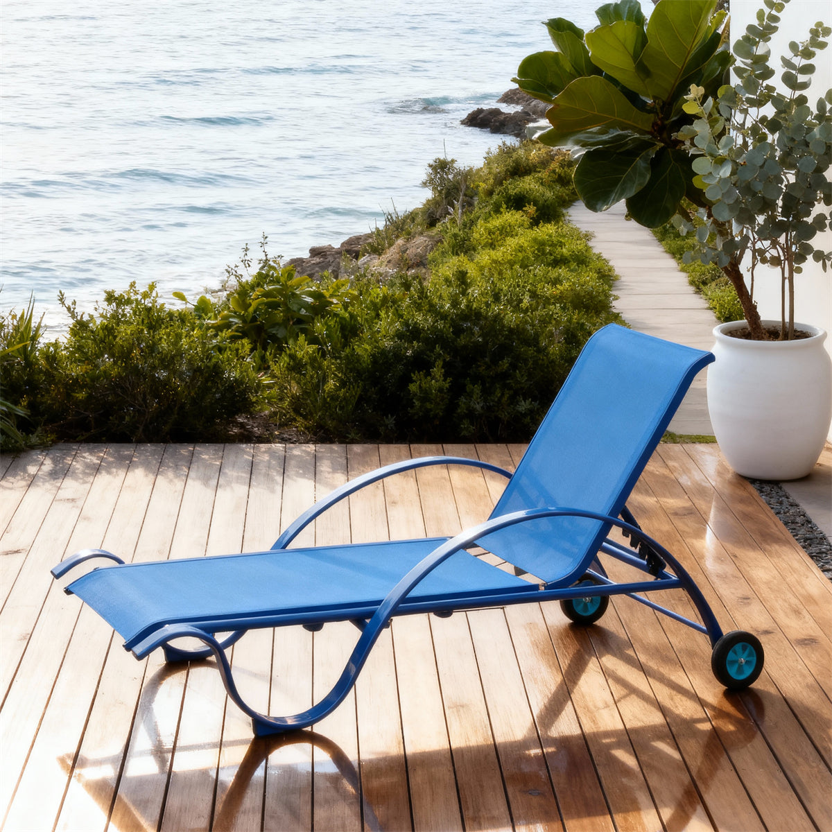 TYSF2528 Bold Blue Metal-Frame Mesh Wheeled Adjustable Outdoor Sun Lounger – Cancun Mexico Coastal Terrace Luxury Vibrant Outdoor Reclining Sunbed