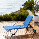 TYSF2528 Bold Blue Metal-Frame Mesh Wheeled Adjustable Outdoor Sun Lounger – Cancun Mexico Coastal Terrace Luxury Vibrant Outdoor Reclining Sunbed