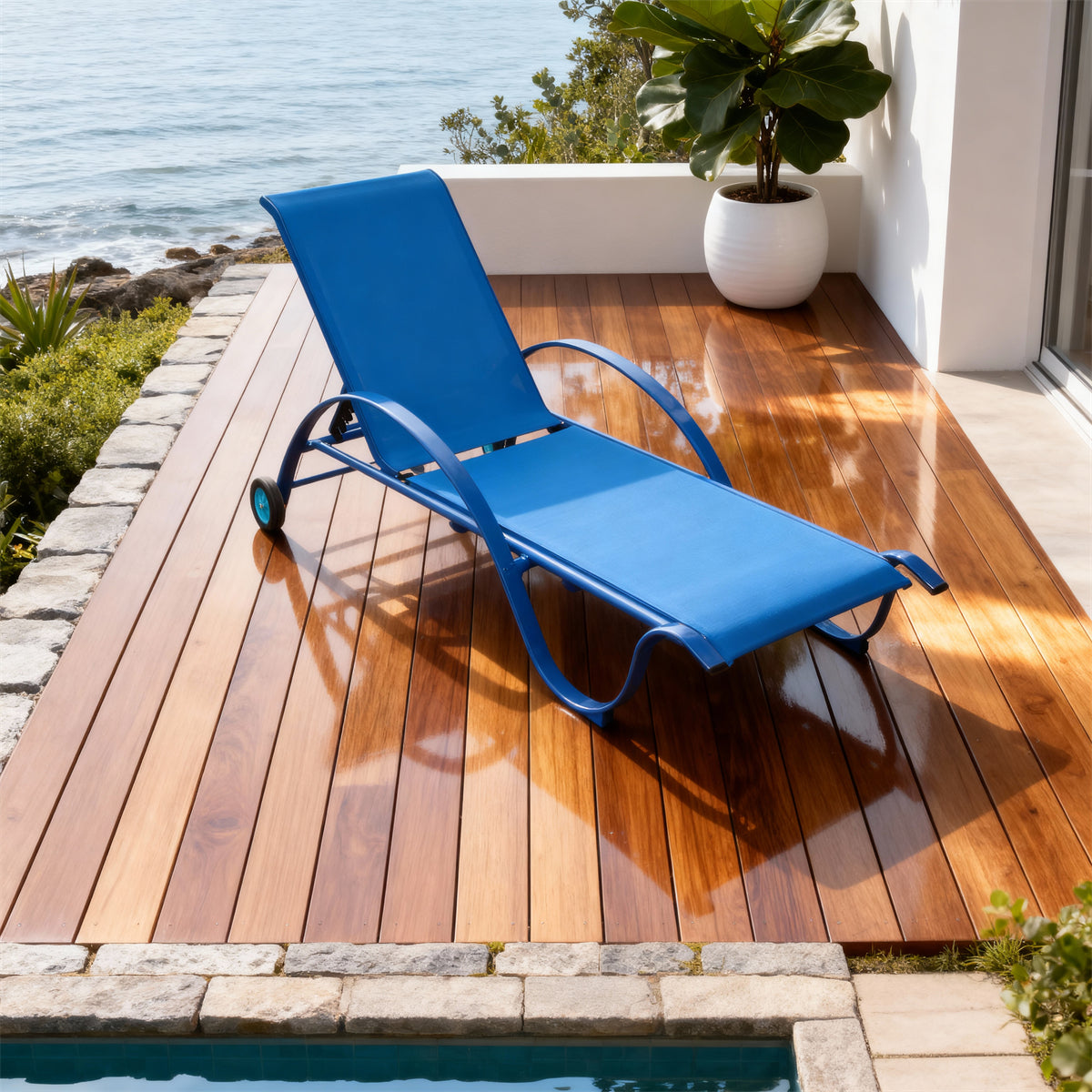 TYSF2528 Bold Blue Metal-Frame Mesh Wheeled Adjustable Outdoor Sun Lounger – Cancun Mexico Coastal Terrace Luxury Vibrant Outdoor Reclining Sunbed