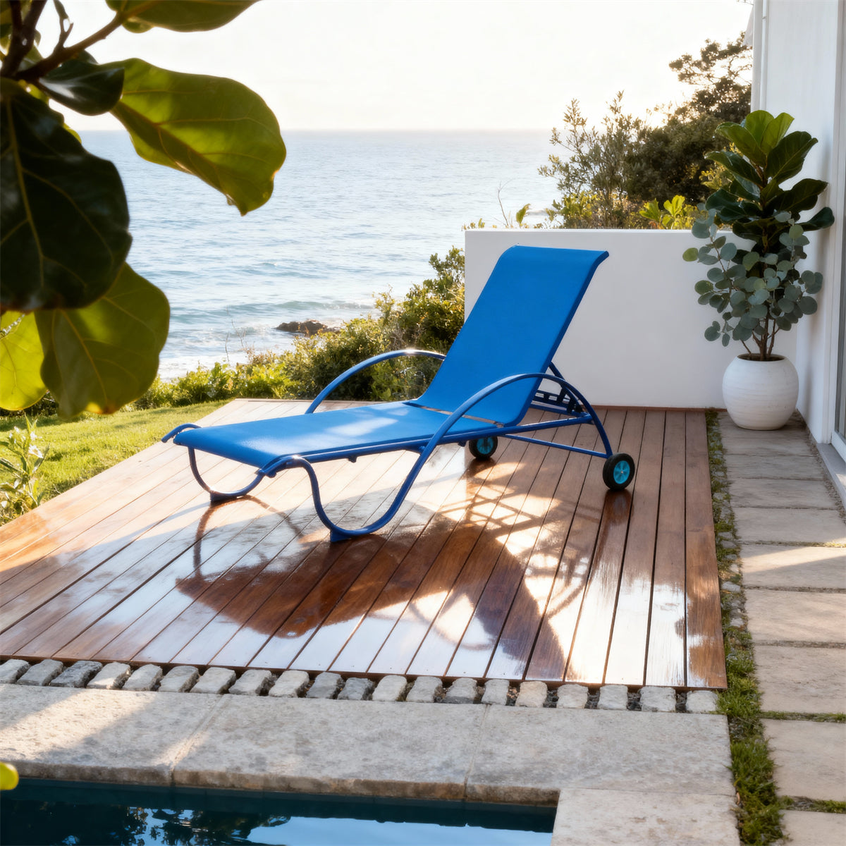 TYSF2528 Bold Blue Metal-Frame Mesh Wheeled Adjustable Outdoor Sun Lounger – Cancun Mexico Coastal Terrace Luxury Vibrant Outdoor Reclining Sunbed