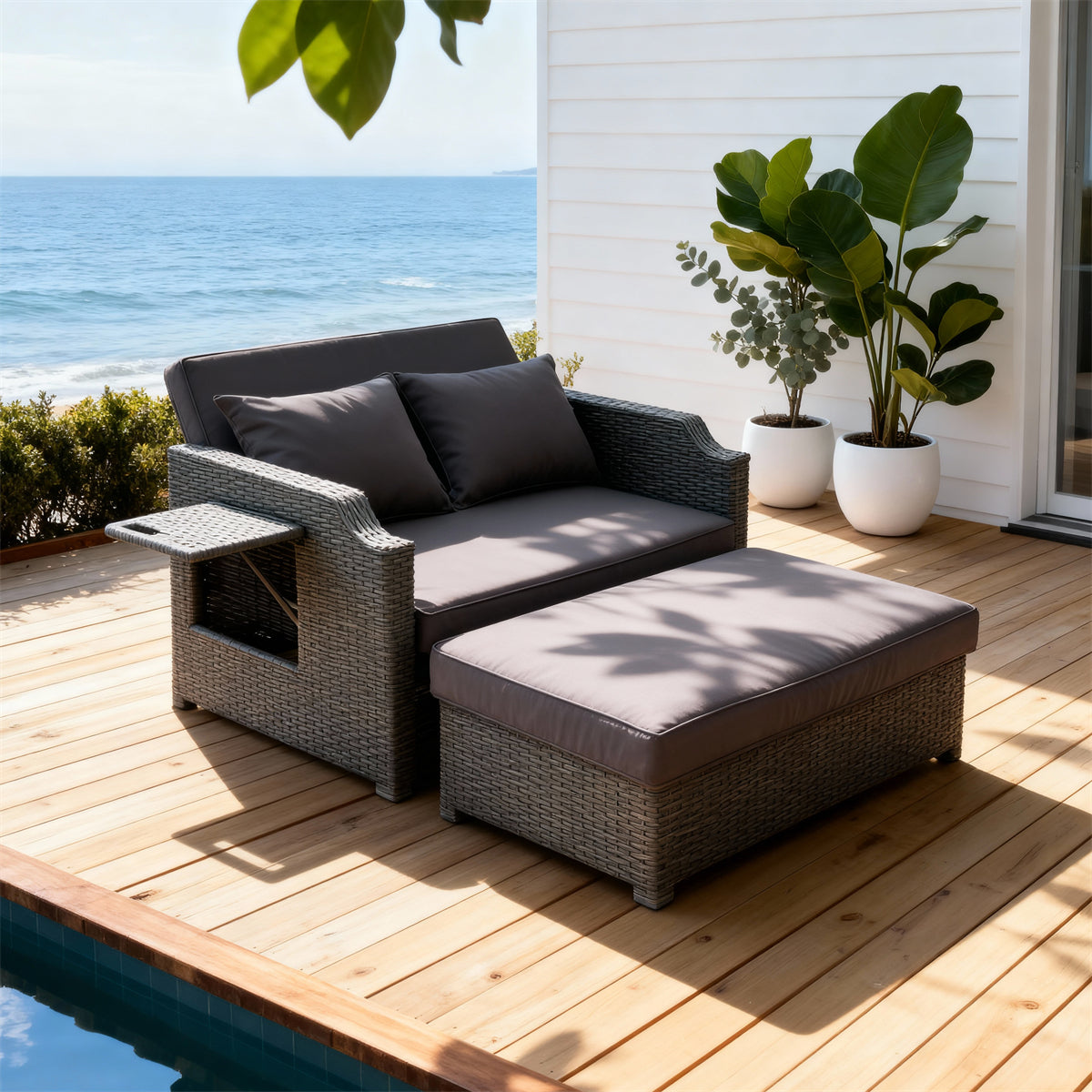 TYSF2529 Grey Rattan 2-Piece Convertible Outdoor Sofa Set with Storage Ottoman, Side Table & Dark Grey Cushions – St Tropez France Coastal Terrace Luxury Multi-Functional Outdoor Lounge Set