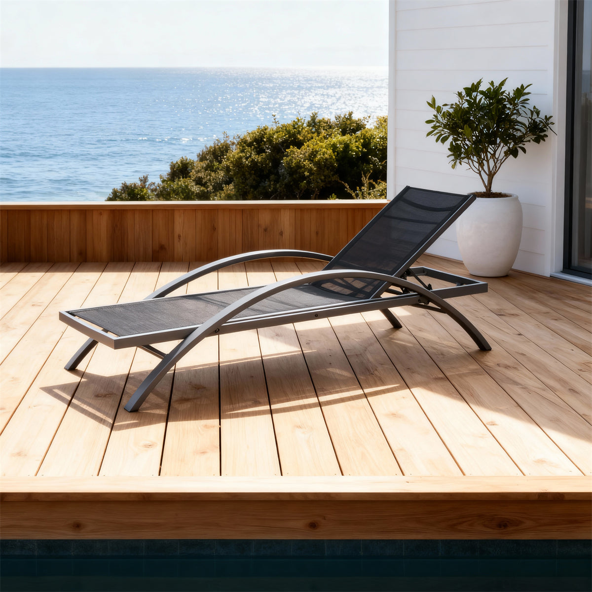 TYSF2531 Grey Metal-Frame Black Mesh Curved Adjustable Outdoor Sun Lounger – Santa Barbara USA Coastal Terrace Luxury Modern Outdoor Reclining Sunbed