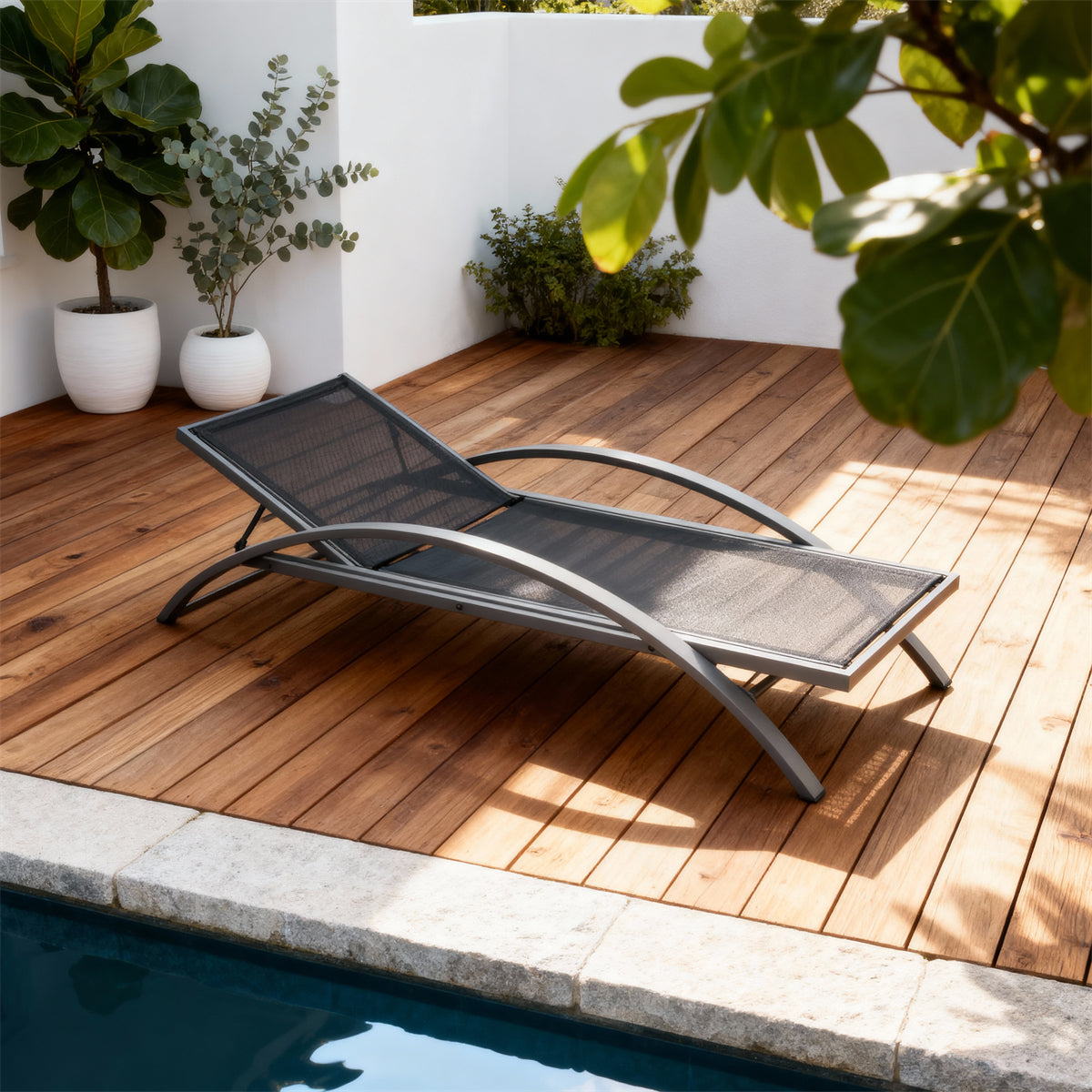 TYSF2531 Grey Metal-Frame Black Mesh Curved Adjustable Outdoor Sun Lounger – Santa Barbara USA Coastal Terrace Luxury Modern Outdoor Reclining Sunbed