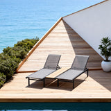TYSF2532 Black Metal-Frame Grey Mesh & Wood-Accent 2-Piece Outdoor Sun Lounger Set – Mykonos Greece Coastal Terrace Luxury 2-Piece Outdoor Reclining Sunbed Set