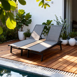 TYSF2532 Black Metal-Frame Grey Mesh & Wood-Accent 2-Piece Outdoor Sun Lounger Set – Mykonos Greece Coastal Terrace Luxury 2-Piece Outdoor Reclining Sunbed Set