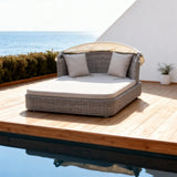 TYSF2534 Grey Rattan Curved Outdoor Daybed with Canopy & Beige Cushions – Phuket Thailand Coastal Terrace Luxury Private Outdoor Canopy Daybed