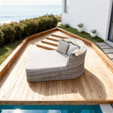 TYSF2534 Grey Rattan Curved Outdoor Daybed with Canopy & Beige Cushions – Phuket Thailand Coastal Terrace Luxury Private Outdoor Canopy Daybed