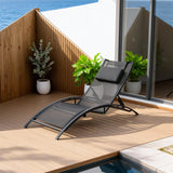 TYSF2537 Black Metal-Frame Curved Black Mesh Outdoor Sun Lounger with Pillow – Sentosa Singapore Coastal Terrace Luxury Modern Outdoor Reclining Sunbed