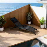 TYSF2537 Black Metal-Frame Curved Black Mesh Outdoor Sun Lounger with Pillow – Sentosa Singapore Coastal Terrace Luxury Modern Outdoor Reclining Sunbed