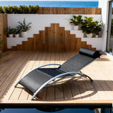 TYSF2538 Silver Metal-Frame Black Mesh Curved Outdoor Sun Lounger with Pillow – Essaouira Morocco Coastal Terrace Luxury Outdoor Reclining Sunbed
