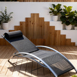 TYSF2538 Silver Metal-Frame Black Mesh Curved Outdoor Sun Lounger with Pillow – Essaouira Morocco Coastal Terrace Luxury Outdoor Reclining Sunbed