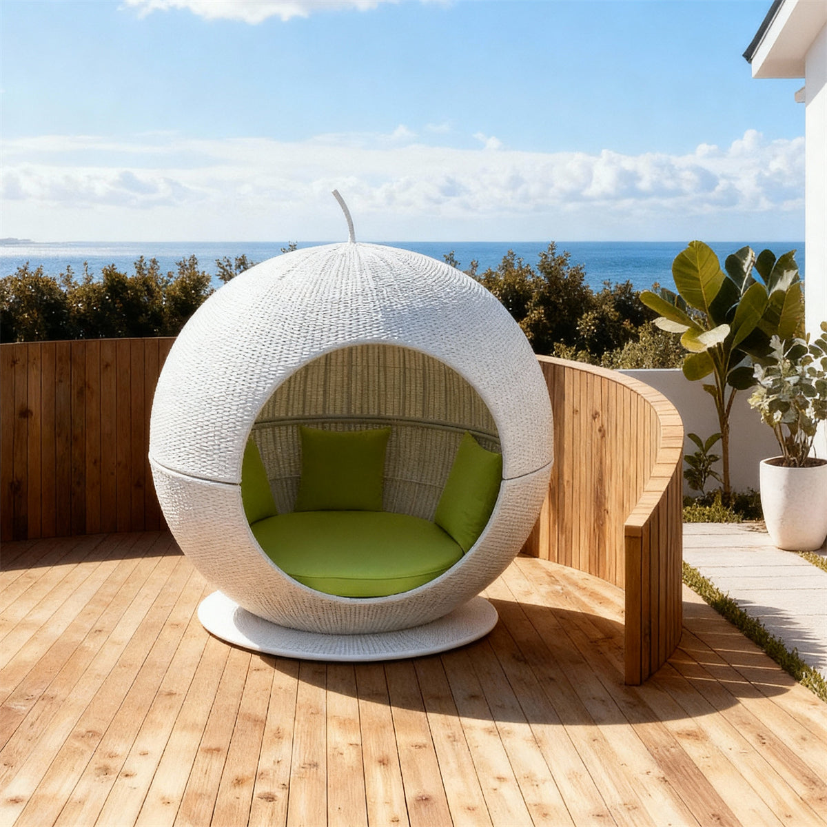 TYSF2540 White Rattan Spherical Swivel Outdoor Lounge Chair with Bright Green Cushions – Malé Maldives Coastal Terrace Luxury Private Outdoor Pod Chair