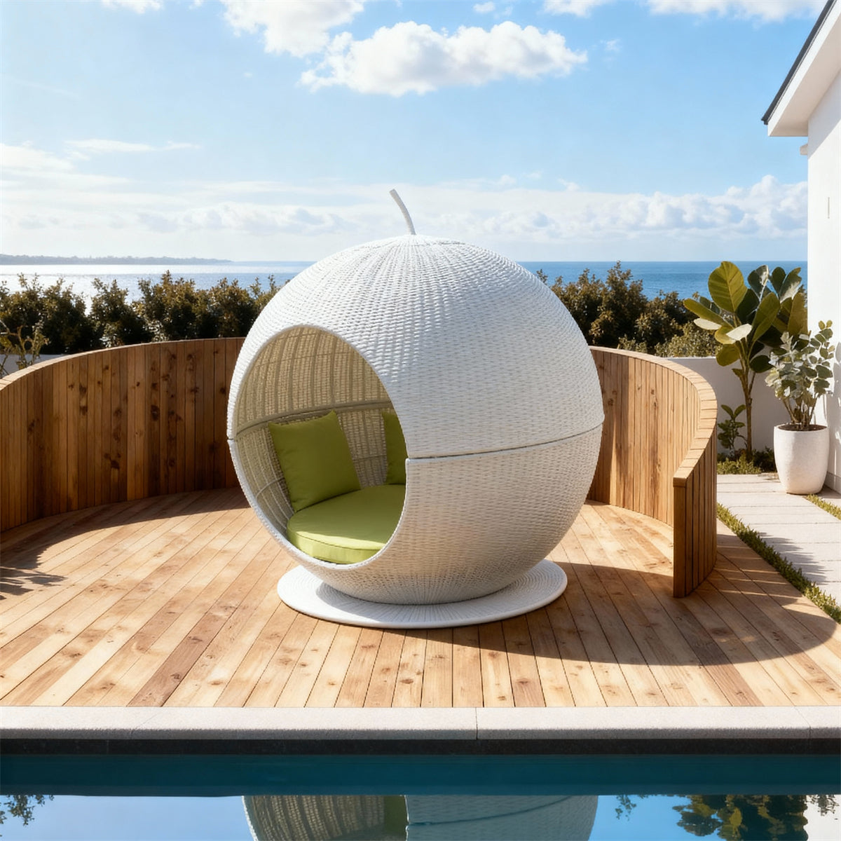 TYSF2540 White Rattan Spherical Swivel Outdoor Lounge Chair with Bright Green Cushions – Malé Maldives Coastal Terrace Luxury Private Outdoor Pod Chair