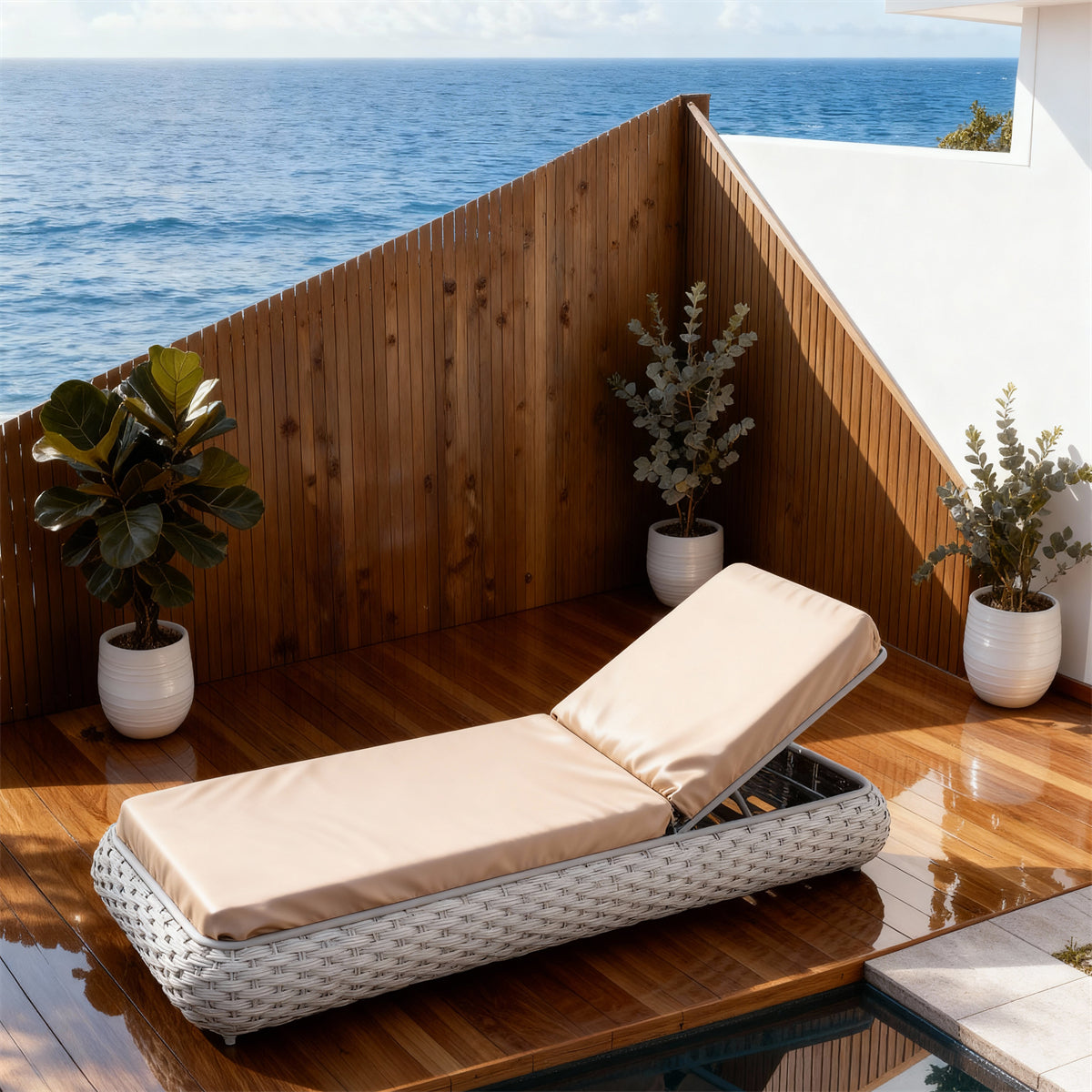 TYSF2541 Grey Rattan Curved Adjustable Outdoor Sun Lounger with Navy Cushions – Cape Town South Africa Coastal Terrace Luxury Outdoor Reclining Sunbed