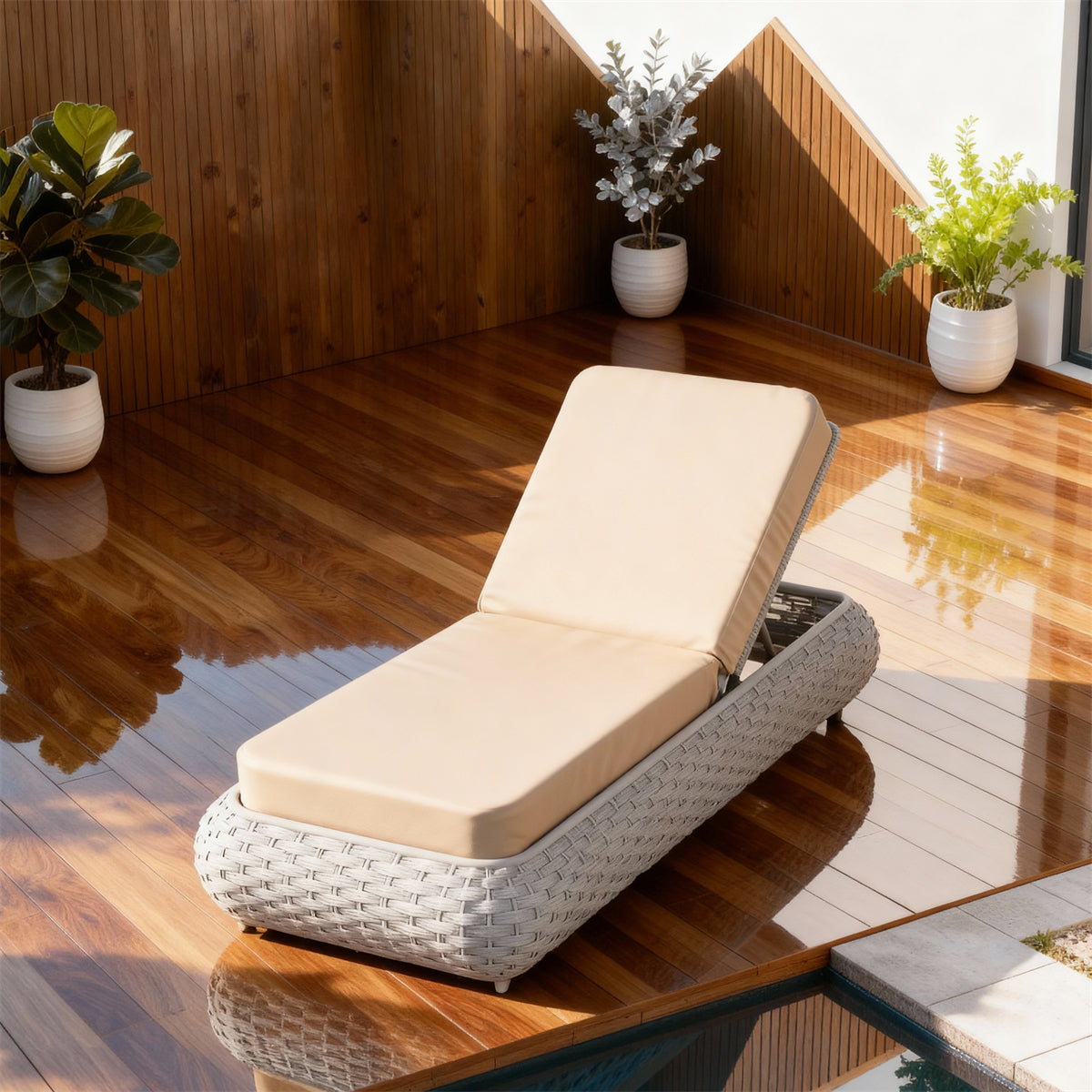 TYSF2541 Grey Rattan Curved Adjustable Outdoor Sun Lounger with Navy Cushions – Cape Town South Africa Coastal Terrace Luxury Outdoor Reclining Sunbed