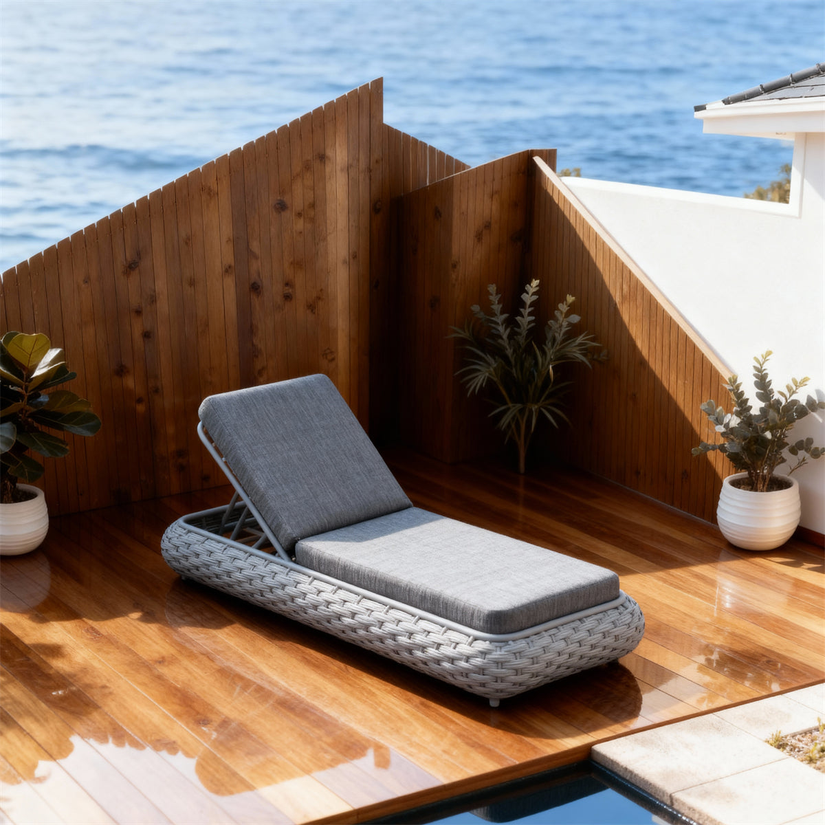 TYSF2541 Grey Rattan Curved Adjustable Outdoor Sun Lounger with Navy Cushions – Cape Town South Africa Coastal Terrace Luxury Outdoor Reclining Sunbed