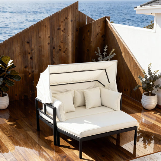 TYSF2542 Black Metal-Frame White Canopy Outdoor Daybed with Ottoman & White Cushions – Nice France Coastal Terrace Luxury Private Outdoor Canopy Daybed Set