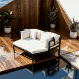 TYSF2542 Black Metal-Frame White Canopy Outdoor Daybed with Ottoman & White Cushions – Nice France Coastal Terrace Luxury Private Outdoor Canopy Daybed Set