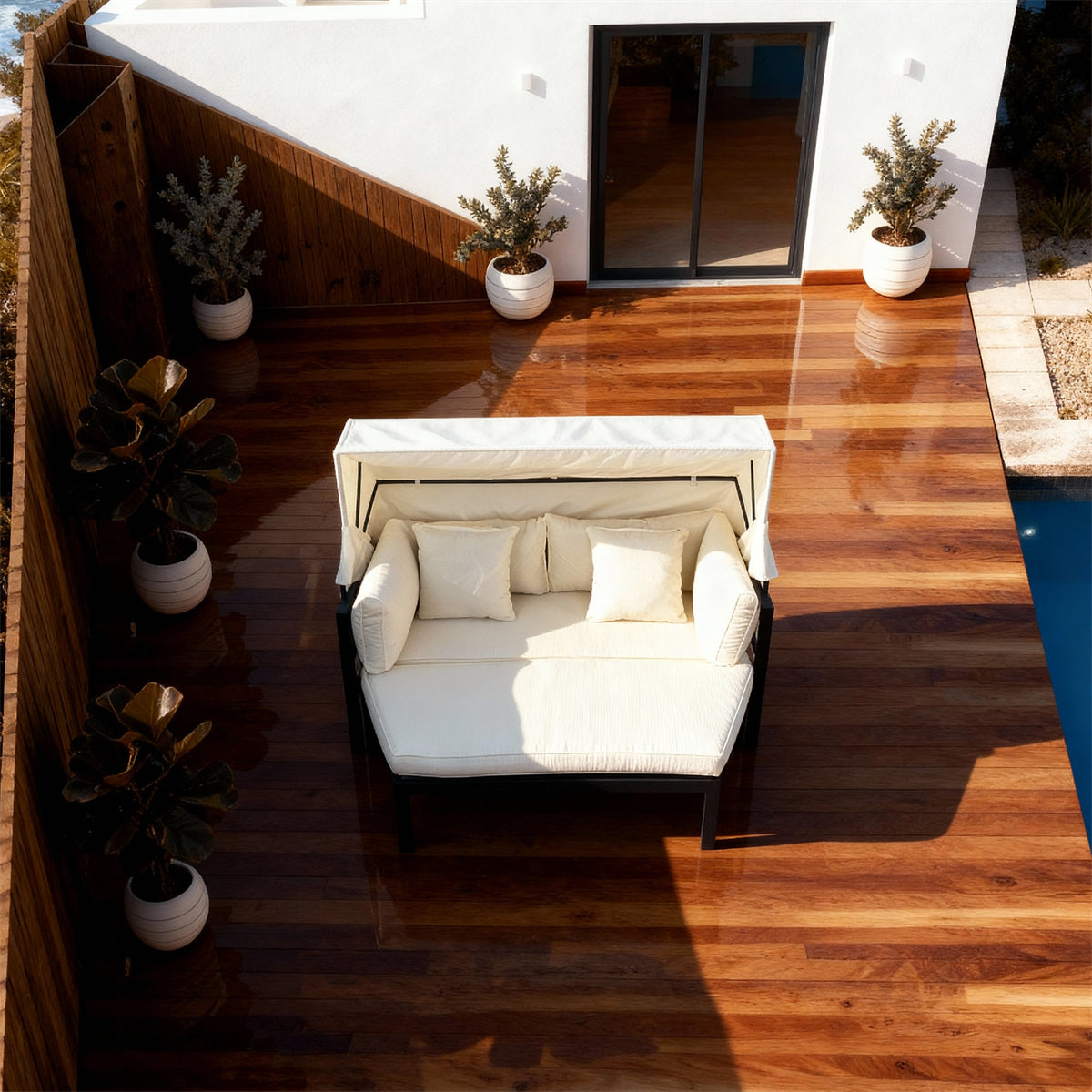 TYSF2542 Black Metal-Frame White Canopy Outdoor Daybed with Ottoman & White Cushions – Nice France Coastal Terrace Luxury Private Outdoor Canopy Daybed Set