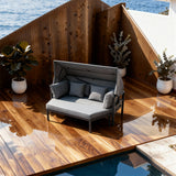 TYSF2542 Black Metal-Frame White Canopy Outdoor Daybed with Ottoman & White Cushions – Nice France Coastal Terrace Luxury Private Outdoor Canopy Daybed Set