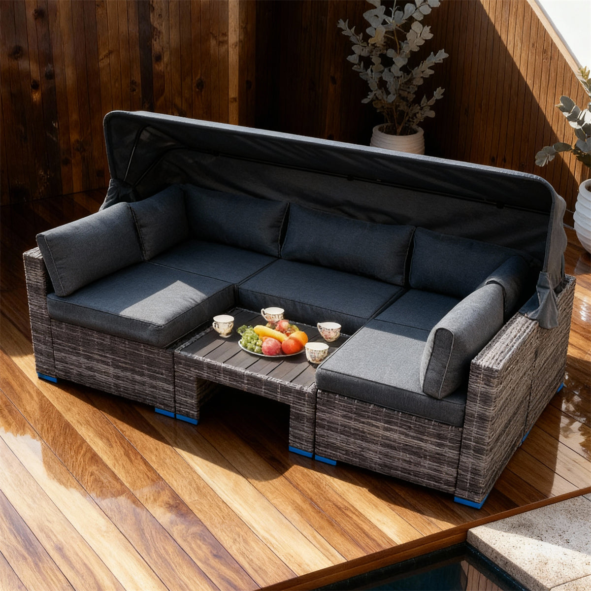 TYSF2543 Grey Rattan Modular Outdoor Sofa Set with Canopy, Coffee Table & Dark Grey Cushions – Miami USA Coastal Terrace Luxury Social Outdoor Canopy Sofa Set