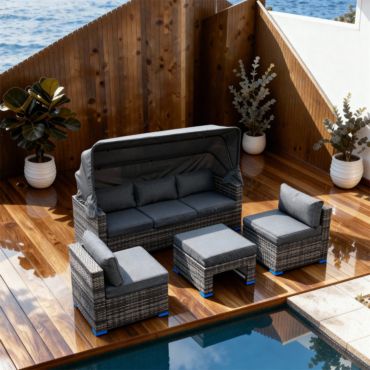 TYSF2543 Grey Rattan Modular Outdoor Sofa Set with Canopy, Coffee Table & Dark Grey Cushions – Miami USA Coastal Terrace Luxury Social Outdoor Canopy Sofa Set