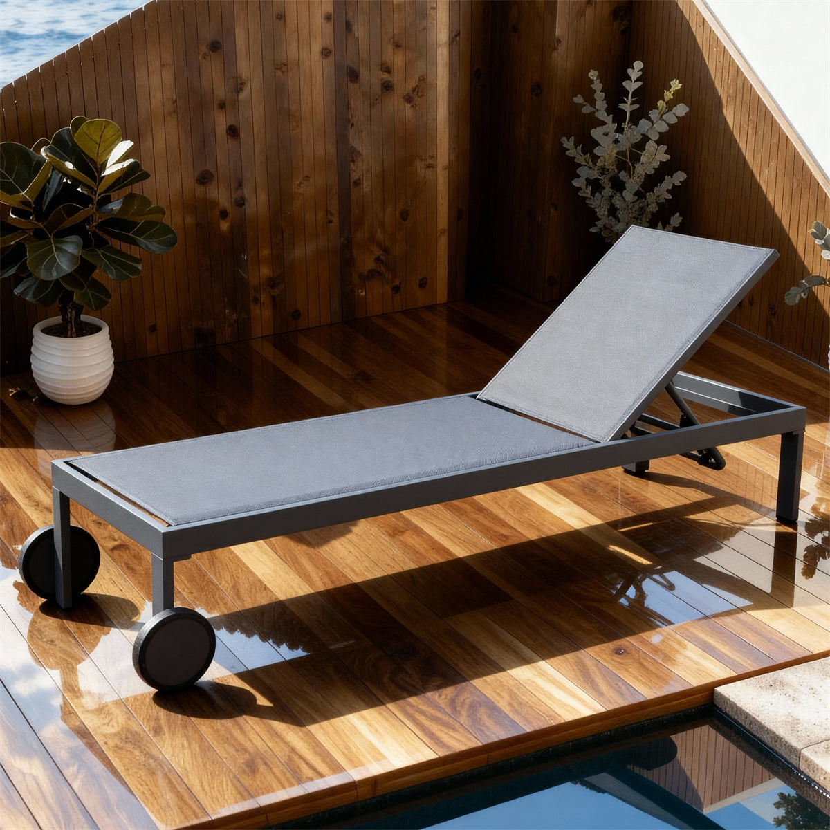 TYSF2544 Vibrant Blue Metal-Frame Wheeled Adjustable Outdoor Sun Lounger – Rio de Janeiro Brazil Coastal Terrace Luxury Vibrant Outdoor Reclining Sunbed